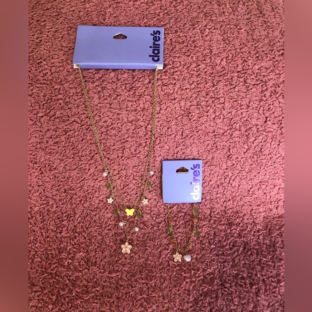 Claire's Gold Tone Butterfly & Flower Necklace and Bracelet Set - Pink Accents